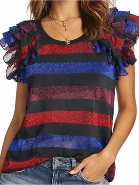 Diesel Glitter Stripe Ruffle Sleeve Crop Top in Black, Red & Blue